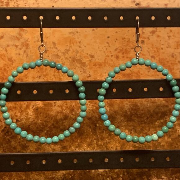 Sally C (SX) Sterling Silver and Turquoise Open Hoop Earrings w/ Leverbacks - Picture 1 of 8